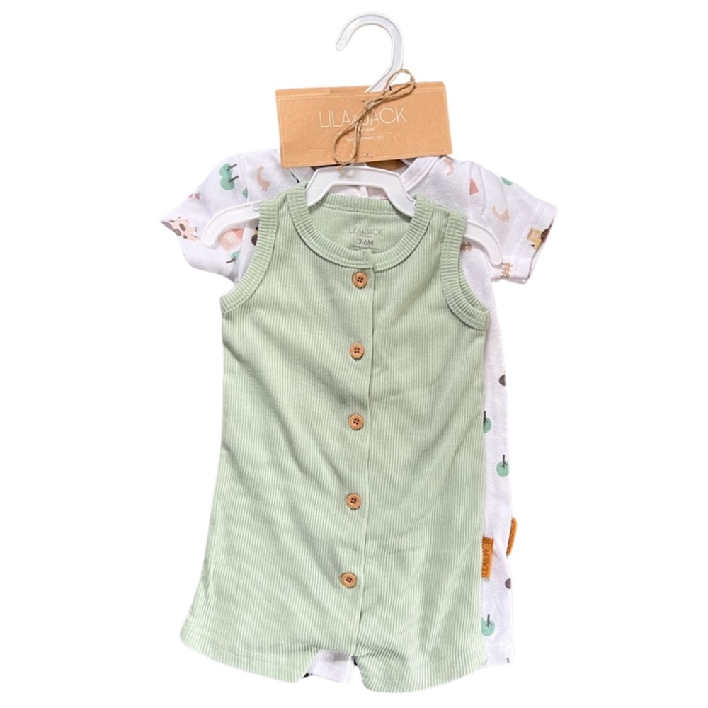 3-6mo Lila + Jack Green and White Baby Romper Set